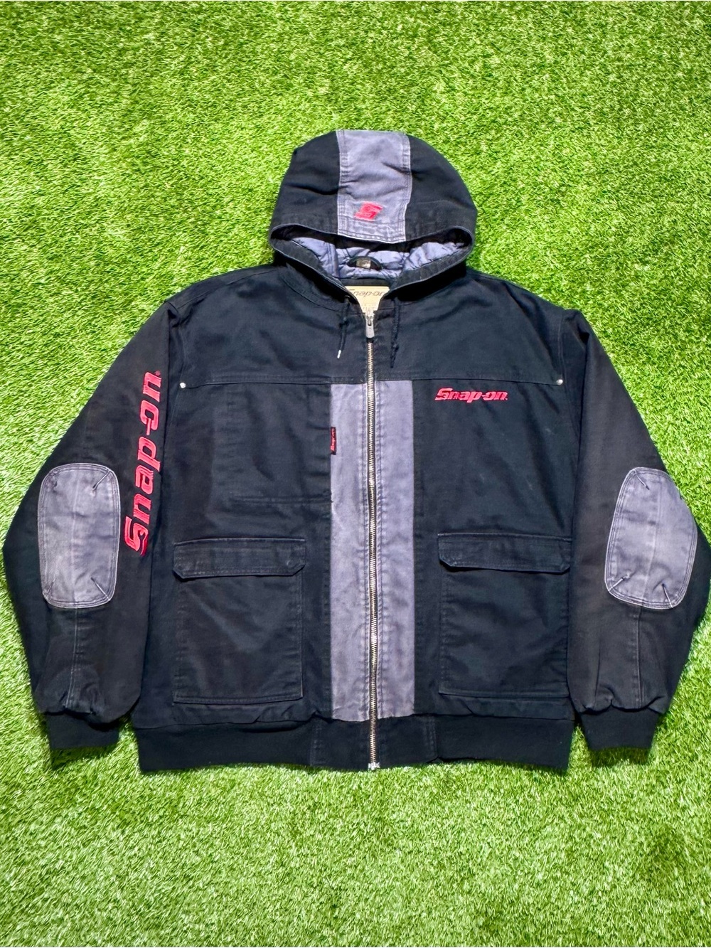 Snap-on Workwear Hooded Quilted Lined Zip Work Jacket Men’s 2XL Black Gray Red